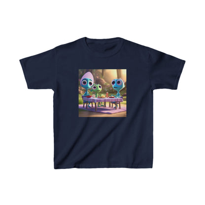 Kids Cute Aliens Heavy Cotton Tee featuring whimsical alien characters at a charming picnic table, perfect for stylish young explorers seeking comfort and creativity.
