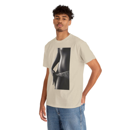 Chic beige t-shirt worn by a confident young man, displaying an elegant black and white graphic of a woman's torso and lace details.