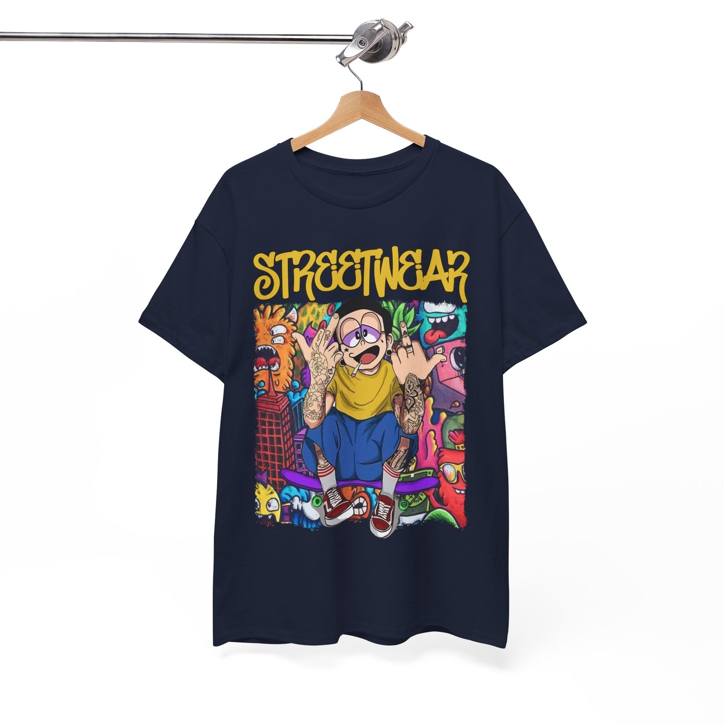 Elegant hanging display of a stylish streetwear t-shirt showcasing a playful cartoon design and bold 'STREETWEAR' lettering, ideal for fashion enthusiasts.