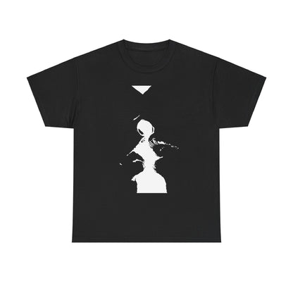 Stylish black graphic t-shirt for men and women showcasing an artistic black and white illustration, depicting abstract forms in a flirtatious embrace, ideal for adding a touch of humour and sophistication to casual attire.