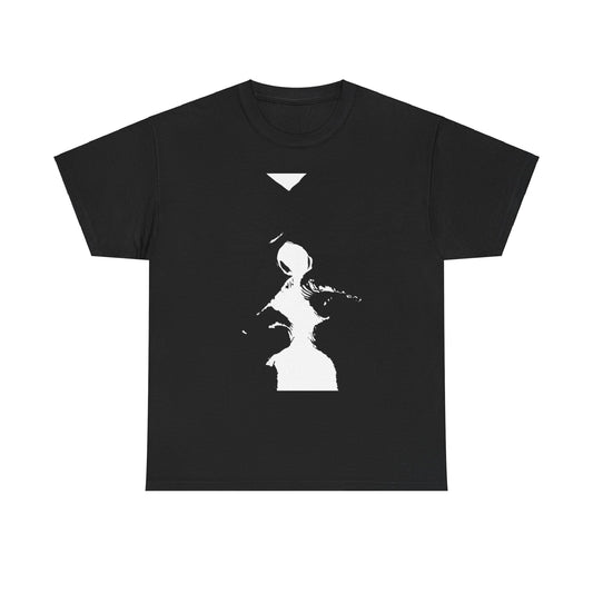 Stylish black graphic t-shirt for men and women showcasing an artistic black and white illustration, depicting abstract forms in a flirtatious embrace, ideal for adding a touch of humour and sophistication to casual attire.