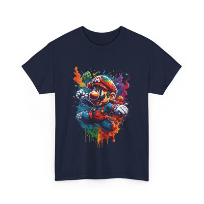 Luxury unisex cotton t-shirt in navy blue featuring a vibrant Computer Game Character graphic, designed for urban fashion and gaming enthusiasts.