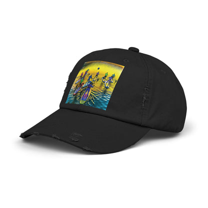 Trendy Unisex Distressed Paddleboarders Cap showcasing an artistic paddleboarding scene, ideal for adventure lovers seeking style during outdoor excursions.