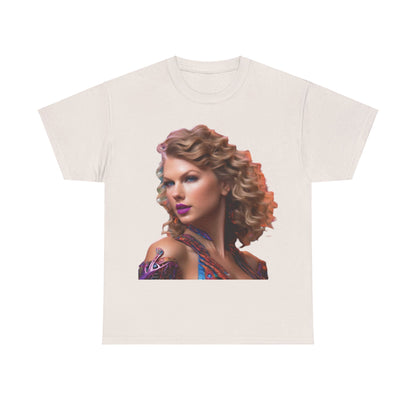 Swifties psychedelic Taylor Swift Heavy Cotton Tee in cream, featuring an enchanting psychedelic artwork of Taylor Swift, an essential piece for any fan.