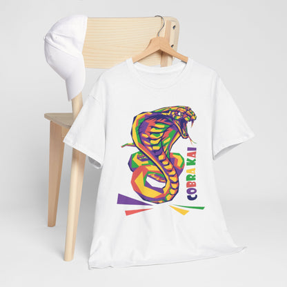 Chic Cobra Kai graphic t-shirt displayed elegantly on a wooden chair, featuring a vibrant snake motif, a must-have for style-savvy martial arts aficionados.