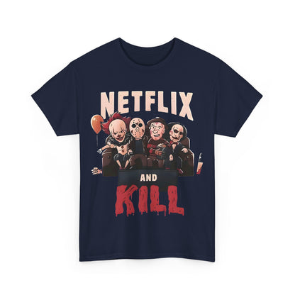 Sophisticated navy blue cotton t-shirt displaying the artistic graphic 'Netflix and Kill', featuring legendary horror figures lounging on a couch, perfect for horror enthusiasts.