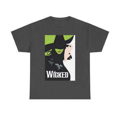 Wicked Movie Logo Graphic Unisex T-Shirt - Premium Cotton Fashion Tee displaying an elegant print of beloved characters on a stylish grey shirt.
