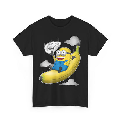 Minion Dr Strangelove Unisex Mens Women´s Graphic Funny T Shirt Tee, showcasing a playful Minion on a banana with a cowboy hat, ideal for adding a humorous touch to your wardrobe. Perfect for Minions enthusiasts.