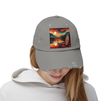 Unisex Distressed Paddleboarders Cap worn by a model, featuring exclusive paddleboard artwork, perfect for stylish sun protection for paddleboard enthusiasts.