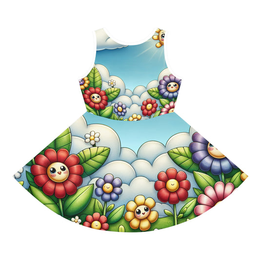 Bella Papillon – Girls Floral Sundress showcasing a playful design of colourful flowers against a cheerful sky, ideal for summer occasions.