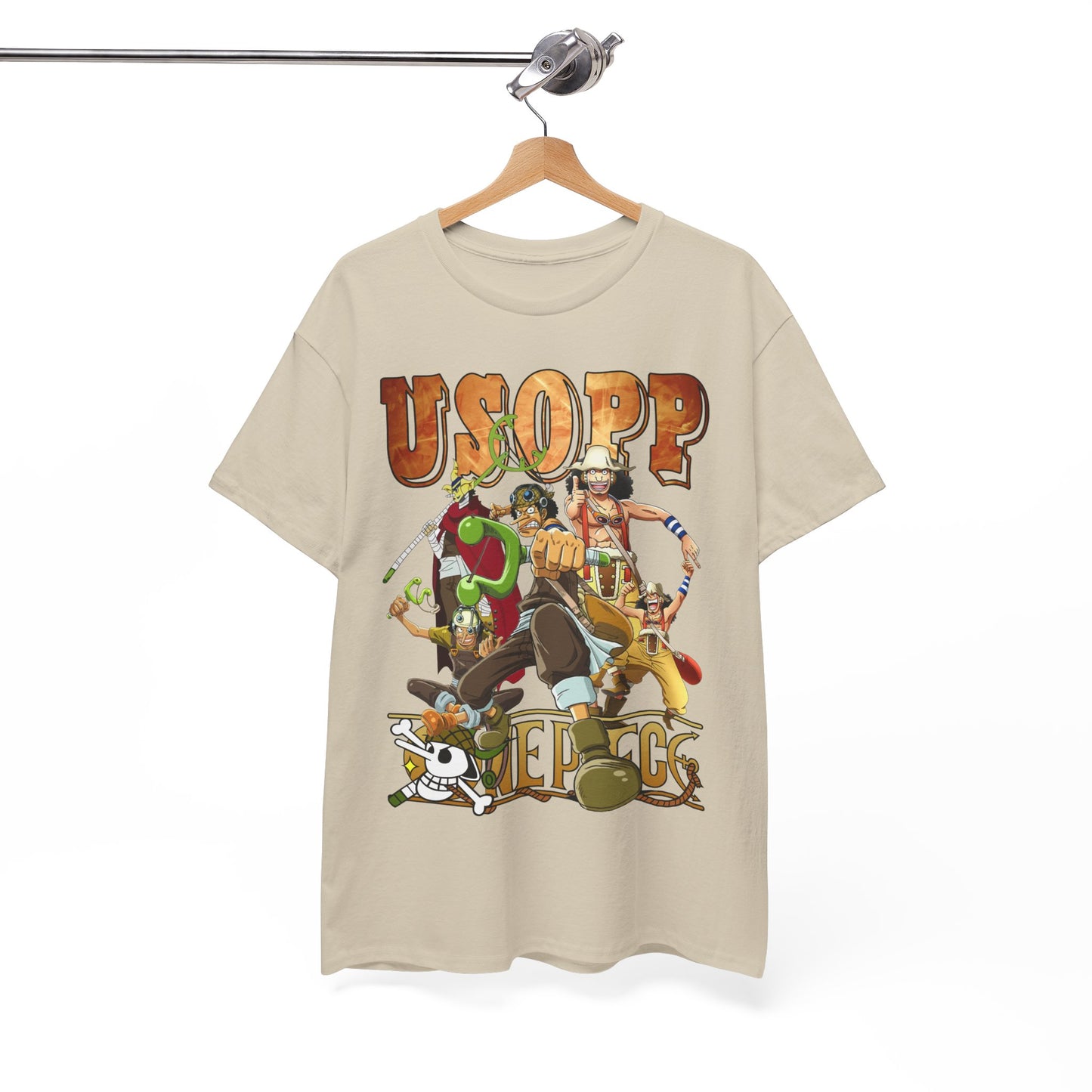Elegant Usopp T-shirt featuring dynamic anime characters, showcasing vibrant graphic design and premium fabric quality.