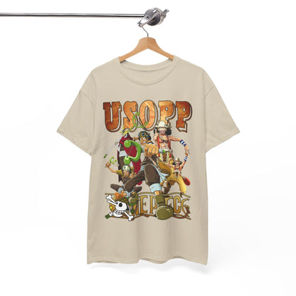 Elegant Usopp T-shirt featuring dynamic anime characters, showcasing vibrant graphic design and premium fabric quality.