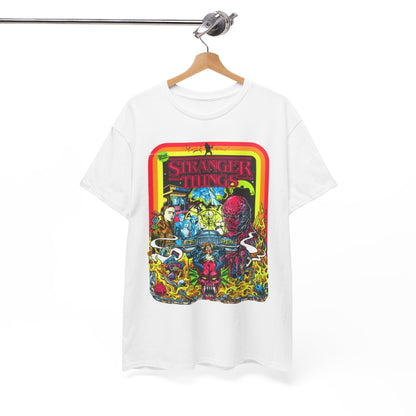 Artfully hung white tee adorned with an eye-catching 'Stranger Things' graphic, set against a chic backdrop, ideal for showcasing a passion for stylish, themed fashion.