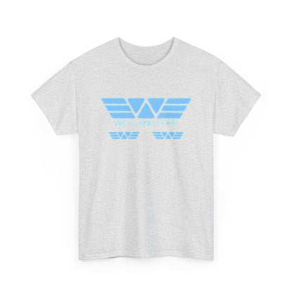 Front view of a stylish Weyland Corporation Retro Logo Graphic Tee Unisex featuring a vintage-inspired logo design in light blue.
