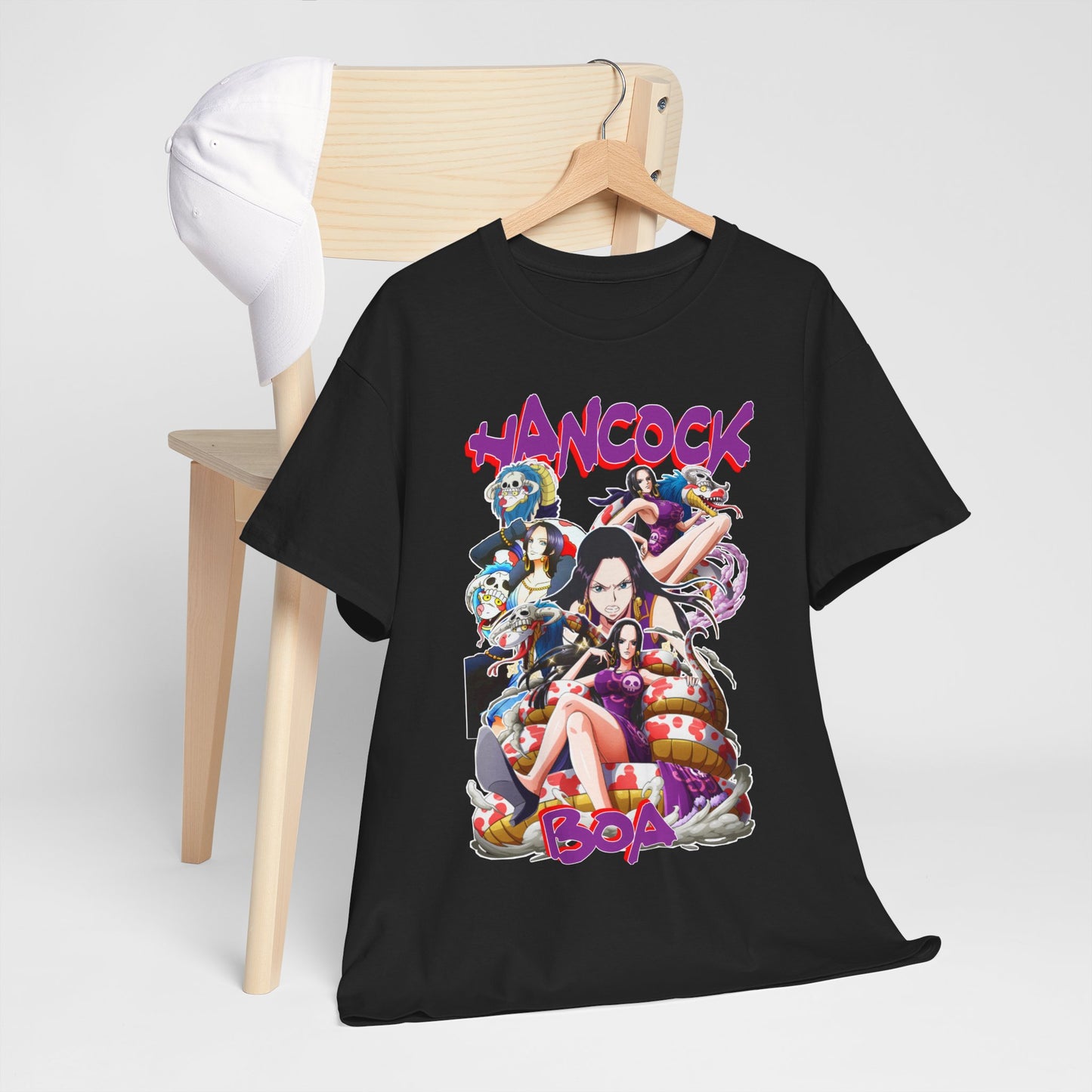 Sophisticated black t-shirt displayed on a stylish wooden chair, featuring a captivating collage of Boa Hancock and cherished One Piece characters, ideal for showcasing passion with grace.