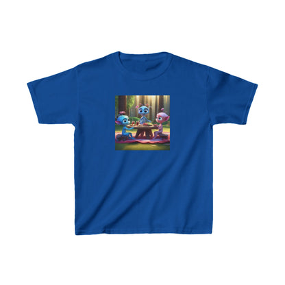 Kids Adorable Cute Aliens Heavy Cotton Tee in bold blue showcasing charming alien characters, ideal for intergalactic style.