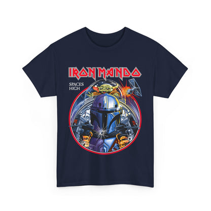 Front view of the Iron Mando Graphic Tee featuring a striking Mandalorian design and iconic Star Wars elements, perfect for fashion-forward enthusiasts.