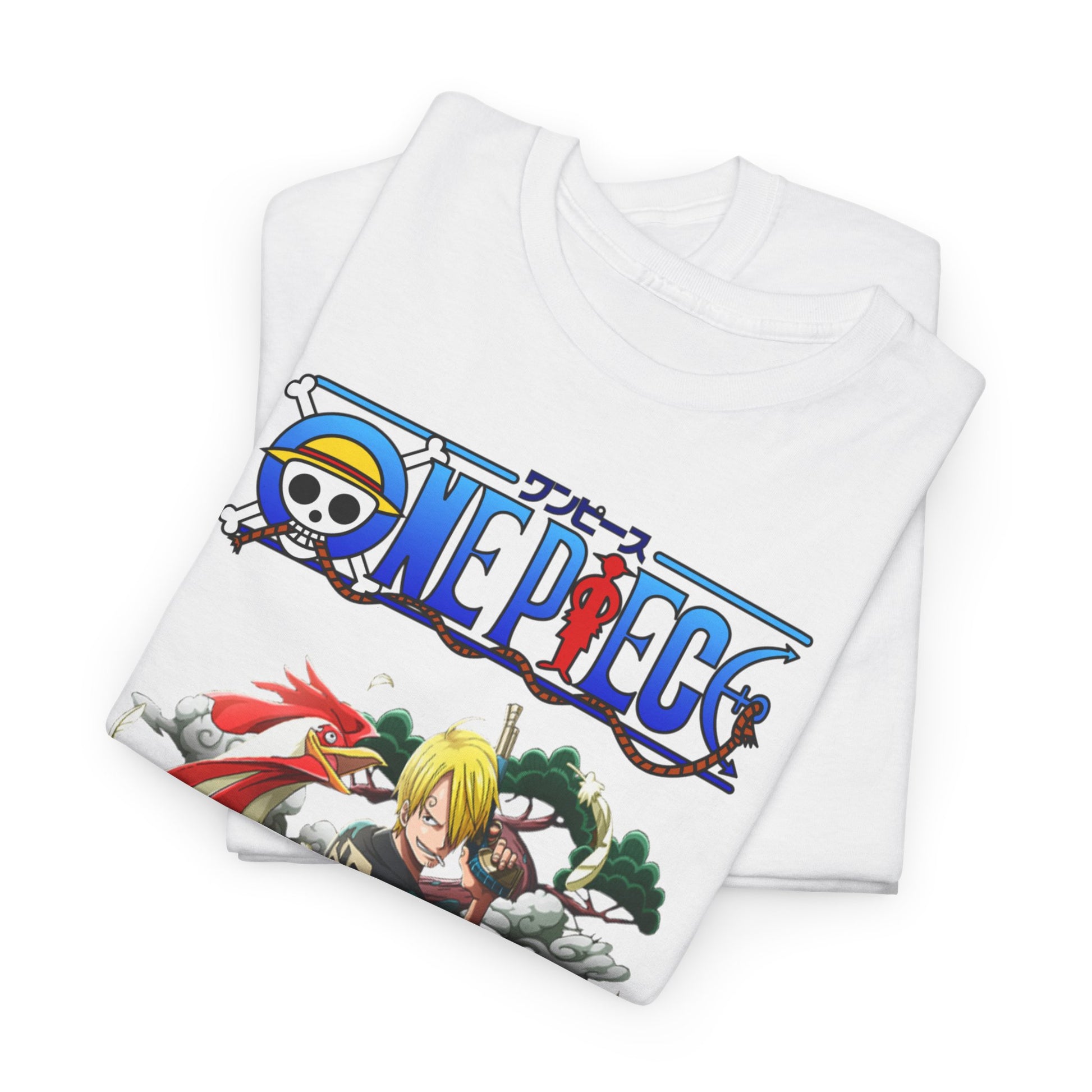 Folded white t-shirts with a vibrant Sanji design from One Piece, highlighting luxury fabric and unique artwork for discerning anime fans.
