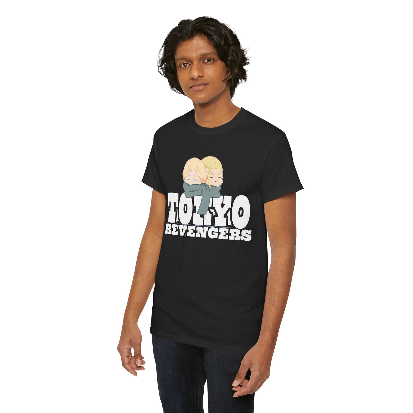 Elegant Tokyo Revengers men's t-shirt showcasing captivating anime characters and striking font against a refined black backdrop, ideal for urban fashion enthusiasts.