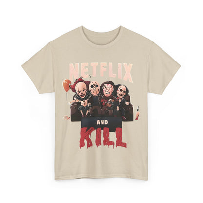 Sophisticated Netflix and Kill Graphic T-Shirt presented in a casual style, featuring a unique illustration of horror icons, perfect for discerning fashion enthusiasts.
