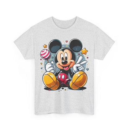 Front view of a stylish unisex graphic tee shirt showcasing a playful Mickey Mouse design, embodying cheerful details for all ages.