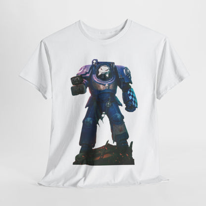 Stylish WarHammer unisex graphic t-shirt featuring a bold, blue armoured character, ideal for fans of fantasy and sci-fi, perfect for casual wear.