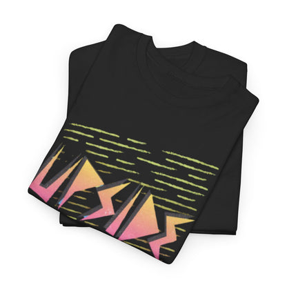 Stylish black T-shirt stacked neatly, showcasing the captivating 'UPSIDE DOWN' graphic design in vivid pastel tones, perfect for a modern wardrobe.