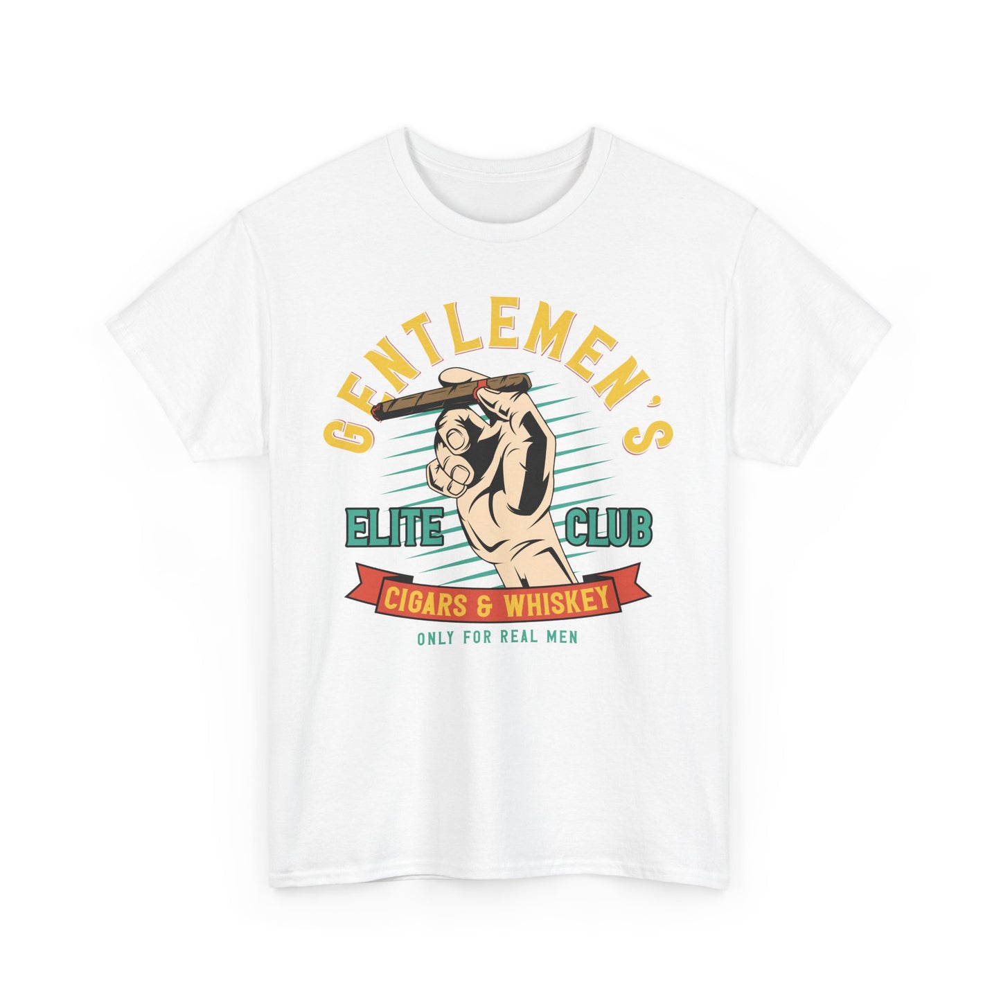 Men's vintage graphic t-shirt showcasing a striking design with a hand holding a cigar, featuring the words 'GENTLEMEN'S ELITE CLUB' and 'Cigars & Whiskey', perfect for sophisticated gatherings.