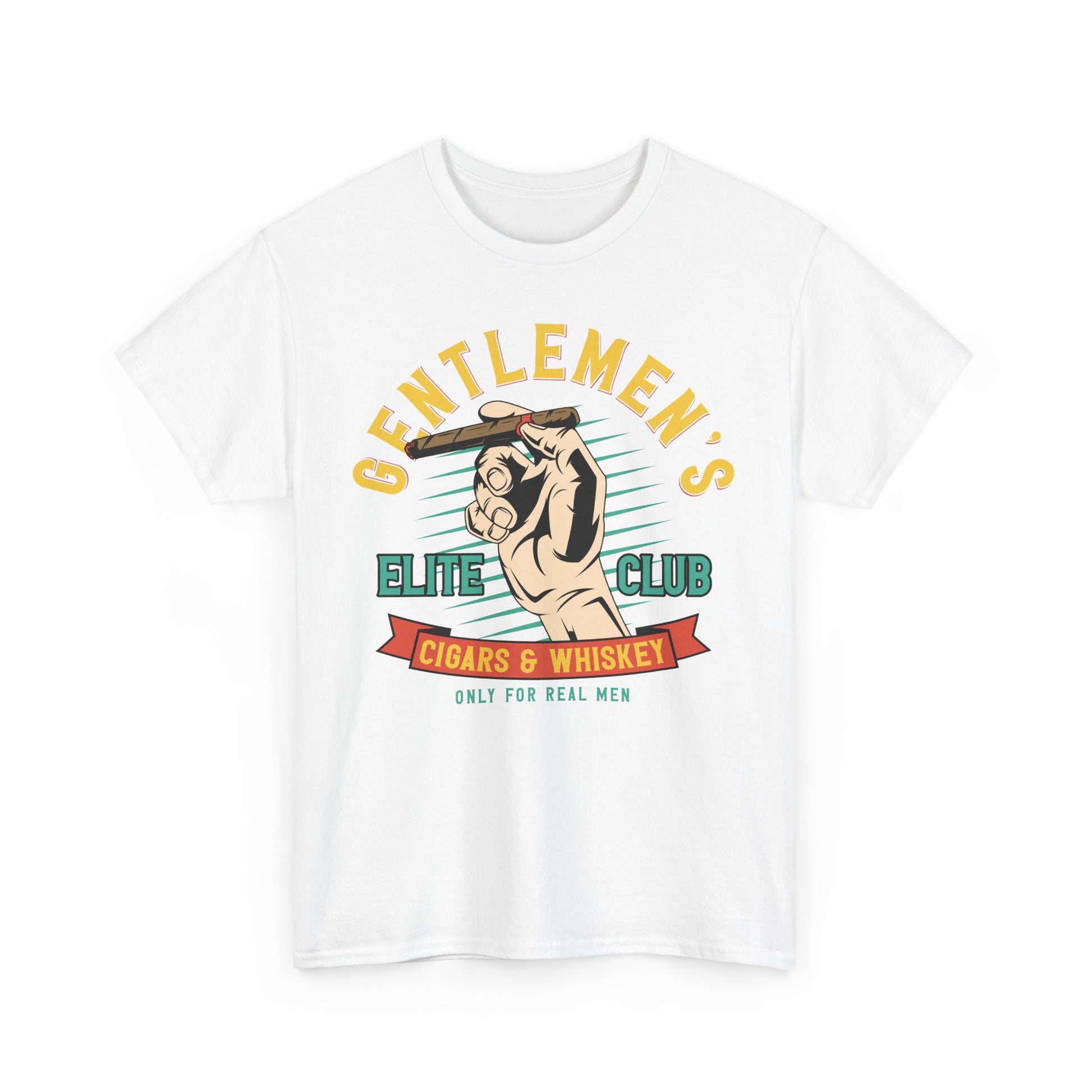 Men's vintage graphic t-shirt showcasing a striking design with a hand holding a cigar, featuring the words 'GENTLEMEN'S ELITE CLUB' and 'Cigars & Whiskey', perfect for sophisticated gatherings.