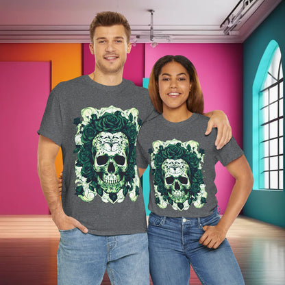 Stylish couple wearing the Skulls and Roses Cotton Tee, Unisex Graphic Shirt, radiating confidence in a trendy environment with a purple and aqua backdrop.