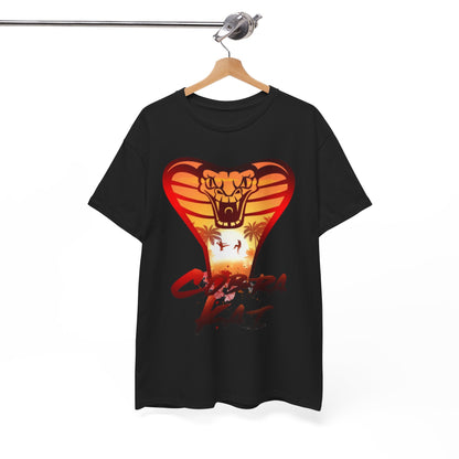 Sophisticated hanging Cobra Kai tee featuring a vibrant cobra design that embodies martial arts spirit, perfect for contemporary wardrobes.