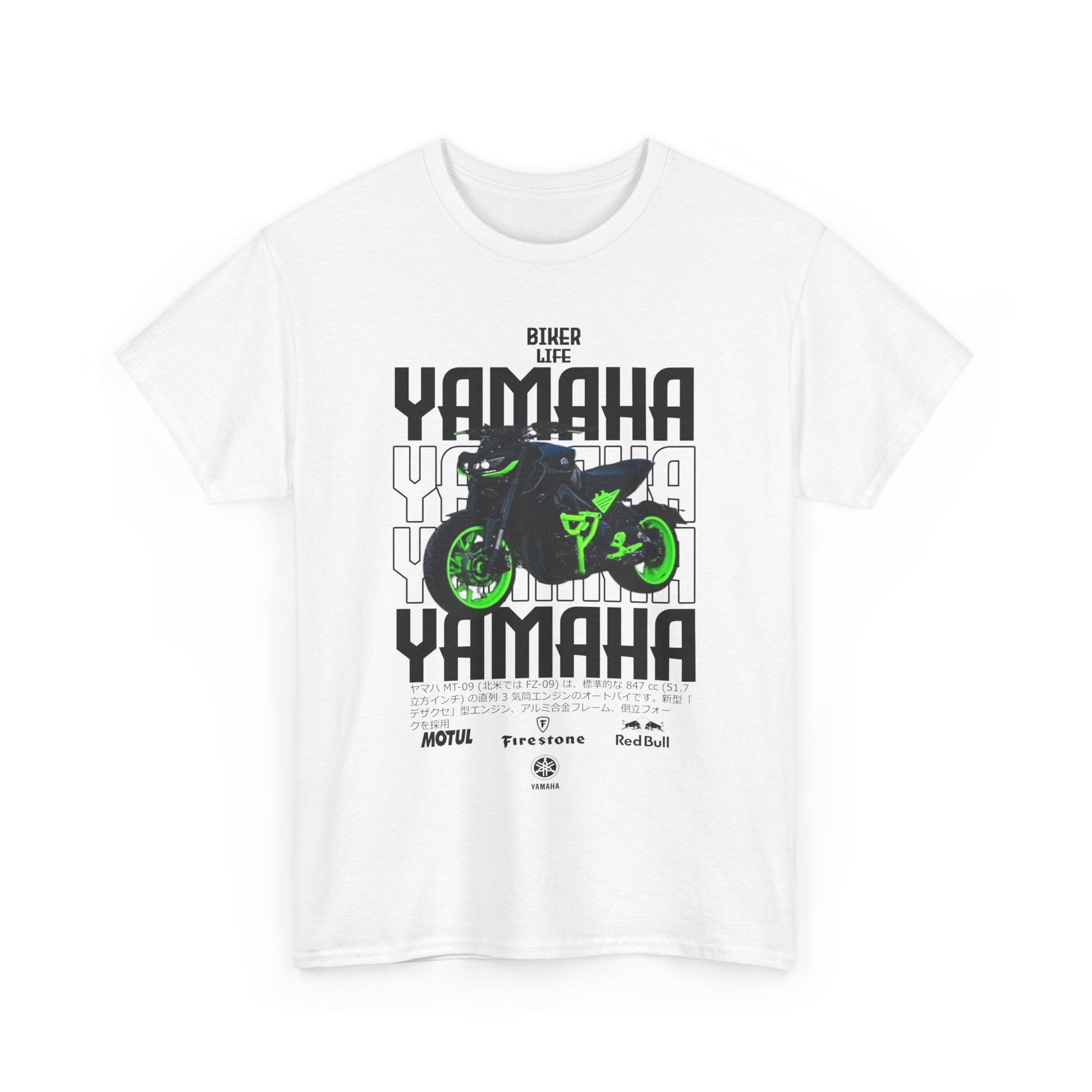 Stylish white Yamaha motorcycle graphic T-shirt featuring a prominent MT-09 design surrounded by bold text, capturing the essence of biker culture.