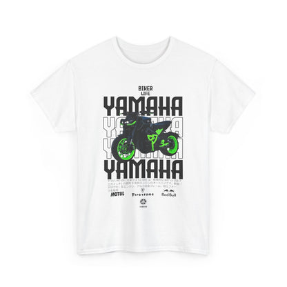 Exquisite white men's t-shirt displaying a bold Yamaha motorcycle graphic with striking green details and 'BIKER LIFE' text, combining style and passion for motorbiking.