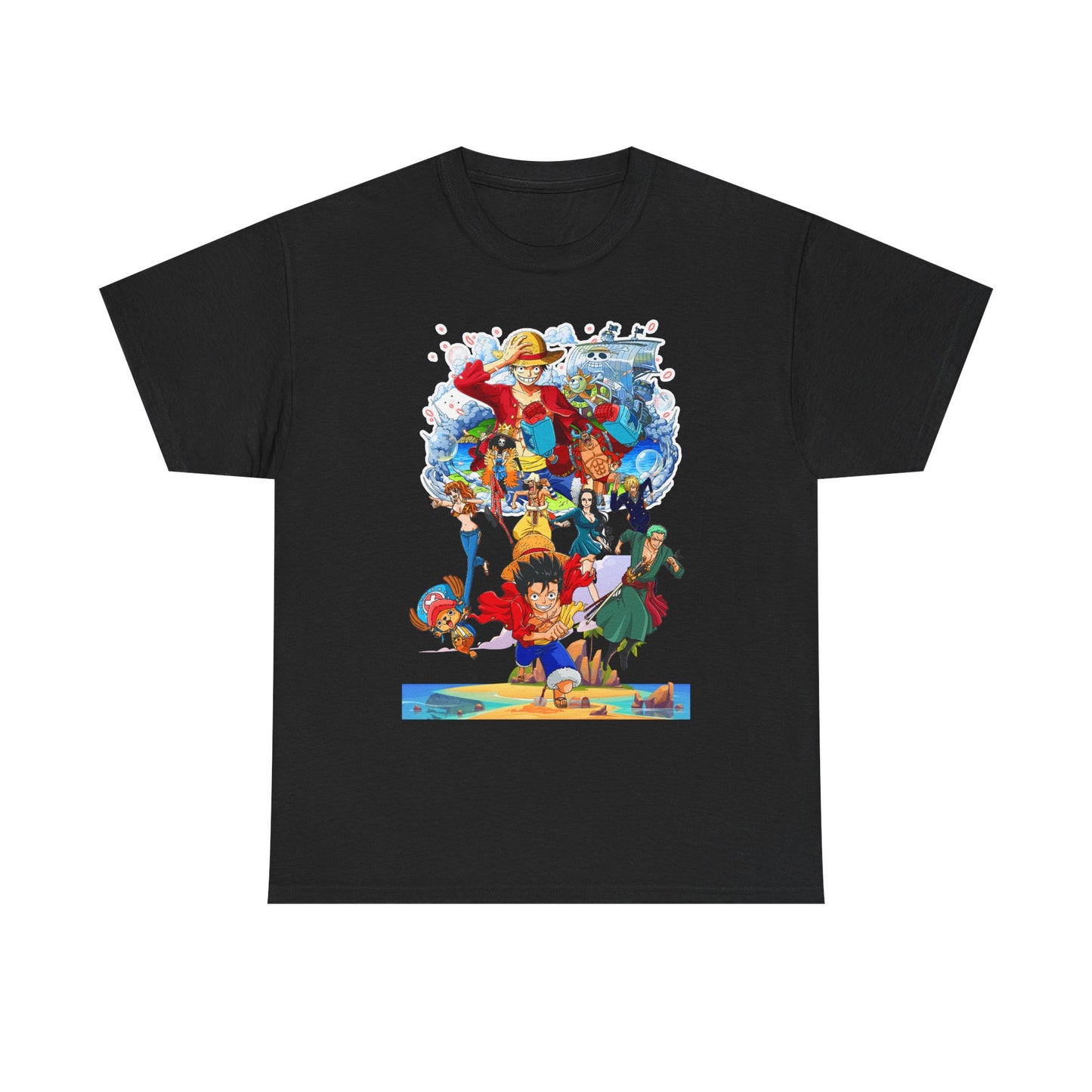 Sophisticated black men's t-shirt displaying an enchanting anime scene featuring iconic characters, combining luxury with fandom flair.