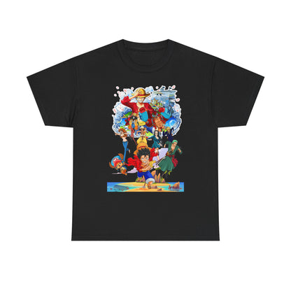 Sophisticated black men's t-shirt displaying an enchanting anime scene featuring iconic characters, combining luxury with fandom flair.