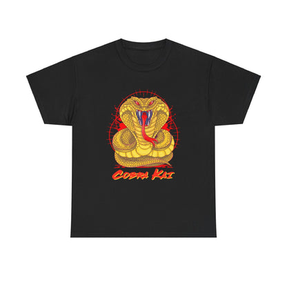 Luxurious Cobra Kai graphic T-shirt featuring a striking gold snake emblem, perfect for martial arts enthusiasts.