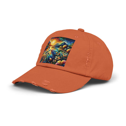 Unisex Distressed Paddleboarders Cap in burnt orange, featuring a cheerful paddleboarding design, ideal for sun protection and stylish paddlers.