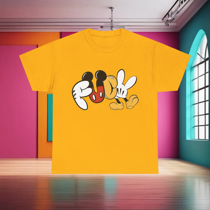 Mickey's Rebellion F**K Graphic T-Shirt in bright yellow, capturing the essence of bold creativity. This luxury unisex cotton tee transforms classic animation into a contemporary statement.