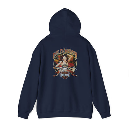 Sophisticated navy hoodie with a striking Harley-Davidson retro artwork, ideal for motorcycle enthusiasts.