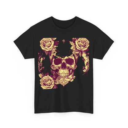 Close-up of the front design of the Skulls and Roses Cotton Tee, unisex graphic shirt in black, featuring intricate skull and rose artwork.
