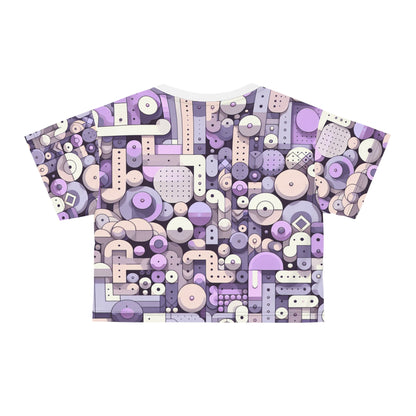 Close-up view of the soft, breathable polyester fabric of the Pastel Purple Abstract Patterned Cropped T-Shirt from Dazzling Dreams Studio, highlighting its quality and comfort.