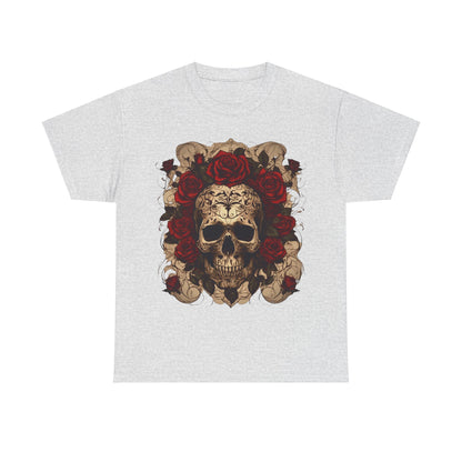 Skulls and Roses Cotton Tee, Unisex Graphic Shirt in grey mélange, featuring an artistic skull encircled by red roses, representing a stylish blend of elegance and rebellion.