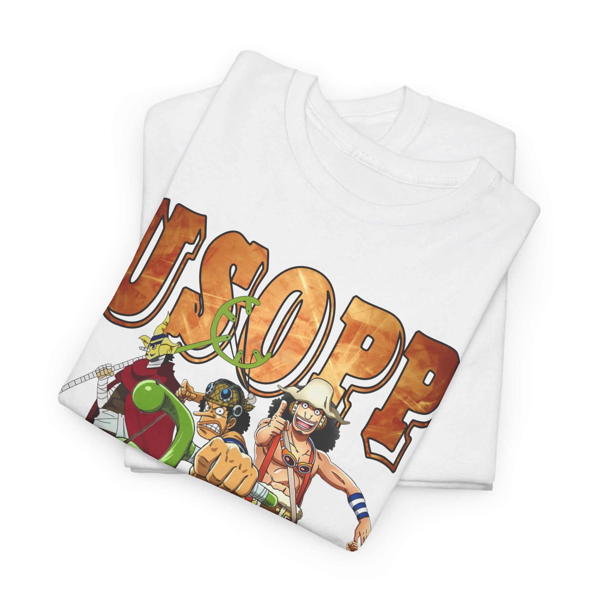 Elegant stack of white t-shirts featuring a vibrant Usopp graphic print, highlighting a sophisticated design perfect for anime enthusiasts.