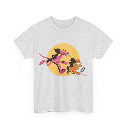Front view of the Pink Panther Graphic T-Shirt Urban Unisex Cotton Tee, featuring a vibrant design of the Pink Panther with a detective, perfect for expressing style and nostalgia.