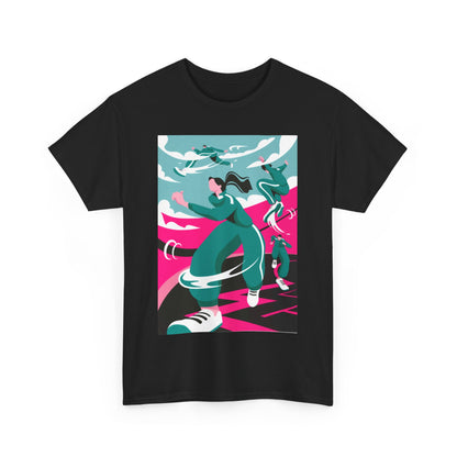 Luxury graphic T-shirt for men and women, displaying a bold art design of action-packed figures, perfect for fashion-forward individuals.