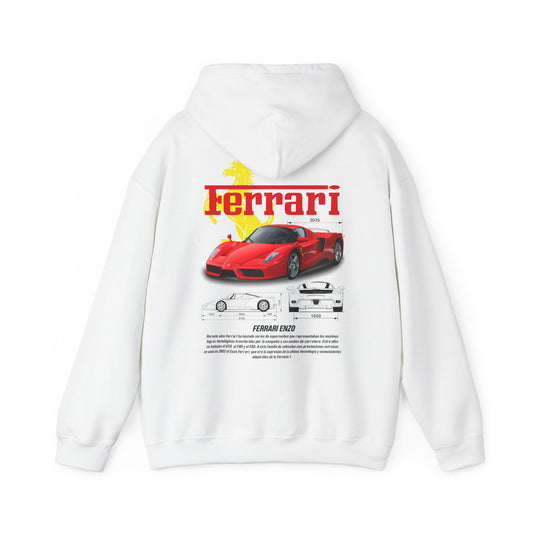 Elegant white Ferrari Enzo hoodie featuring striking back print design illustrating the iconic sports car, complete with historical specifications and bold Ferrari logo, perfect for automotive enthusiasts.