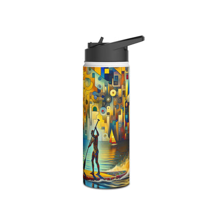 Sleek Fantasy Paddleboarding Stainless Steel Water Bottle showcasing a dynamic paddleboarder amidst a colourful, modern geometric backdrop, ideal for outdoor enthusiasts.