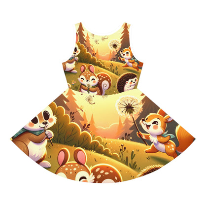 Delightful woodland design of the Sophia Lillipop Enchanted Forest Sundress from Dazzling Dreams Studio, showcasing playful fawns and bunnies for imaginative adventures.