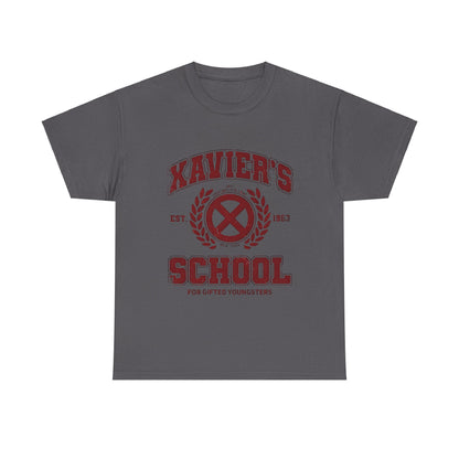 Xavier's School for Gifted Youngsters X-Men Logo Graphic Unisex Tee Shirt in dark grey, designed for comfort and chic appeal, perfect for discerning fans.
