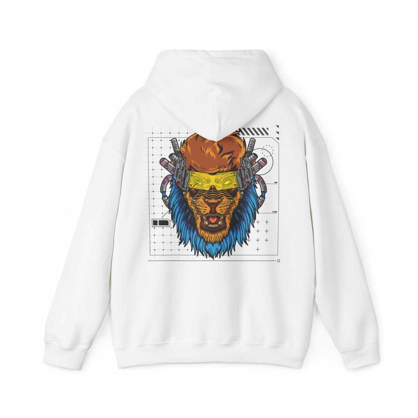Elegant white hoodie featuring a stunning cyberpunk lion back print, showcasing intricate details with vibrant colours and futuristic elements, perfect for fashion enthusiasts.